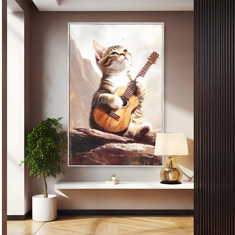 Tablou canvas cu tablou canvas cu pisica cantand la chitara, in rama de aluminiu argintiu